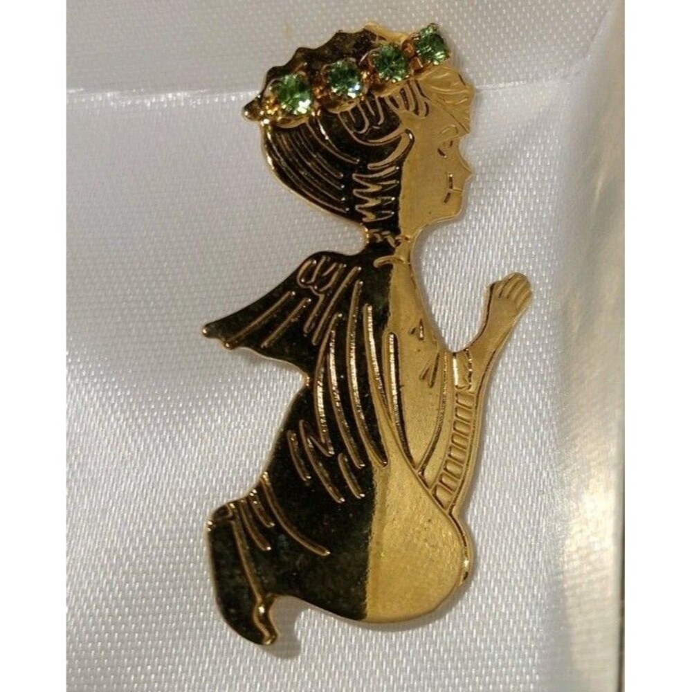 Brooch Women's Pin Gold Tone Praying Angel Lime Rhinestone Crown